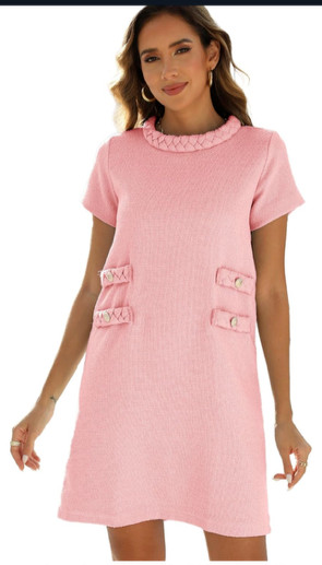 Hixiaohe Womens Tweed Dress A-Line Bodycon Mini Pink Large