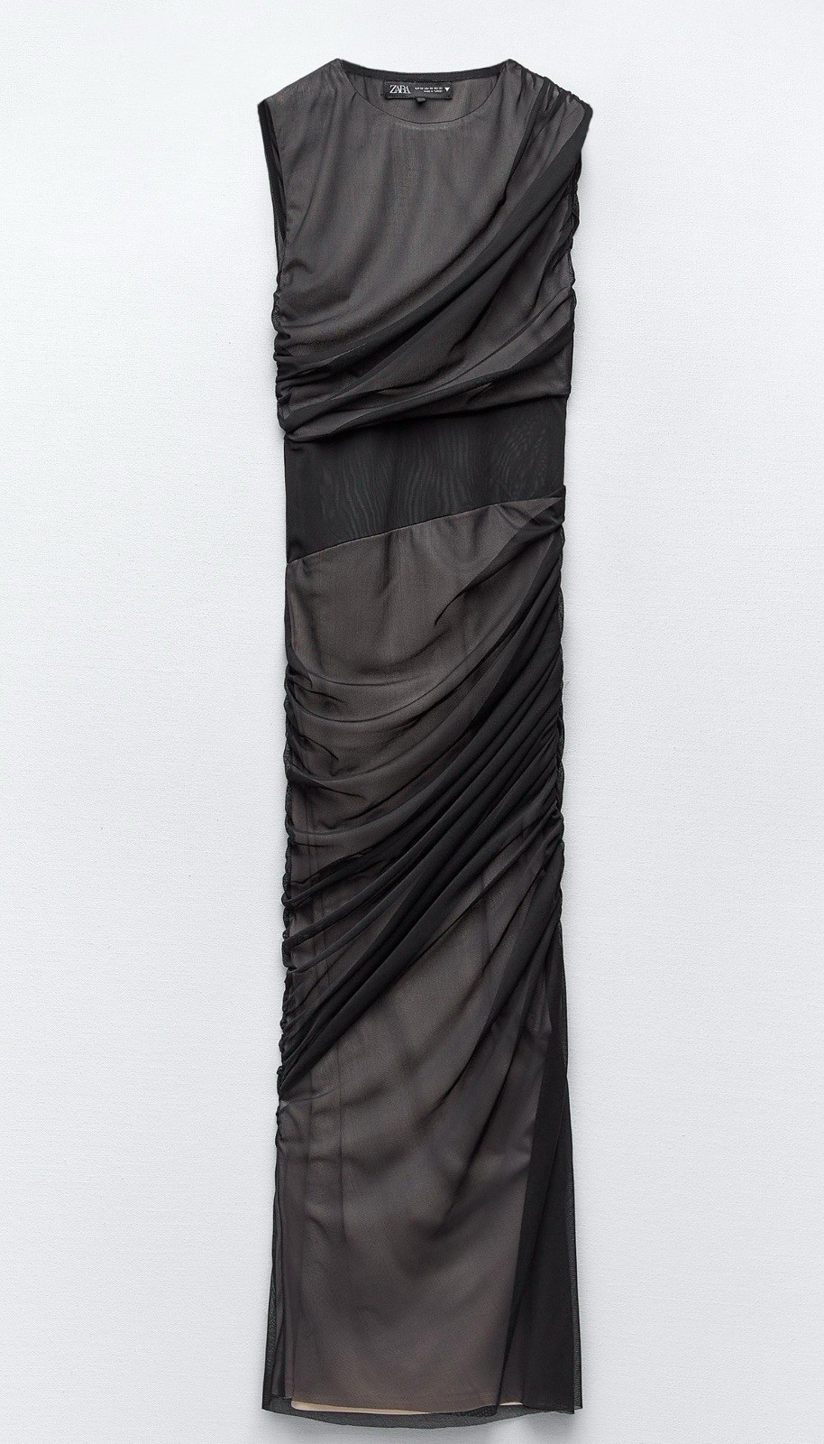 BNWT ZARA CONTRAST TULLE DRESS WOMEN DRAPED BODYCON MIDI MESH GOWN BLACK XS 8