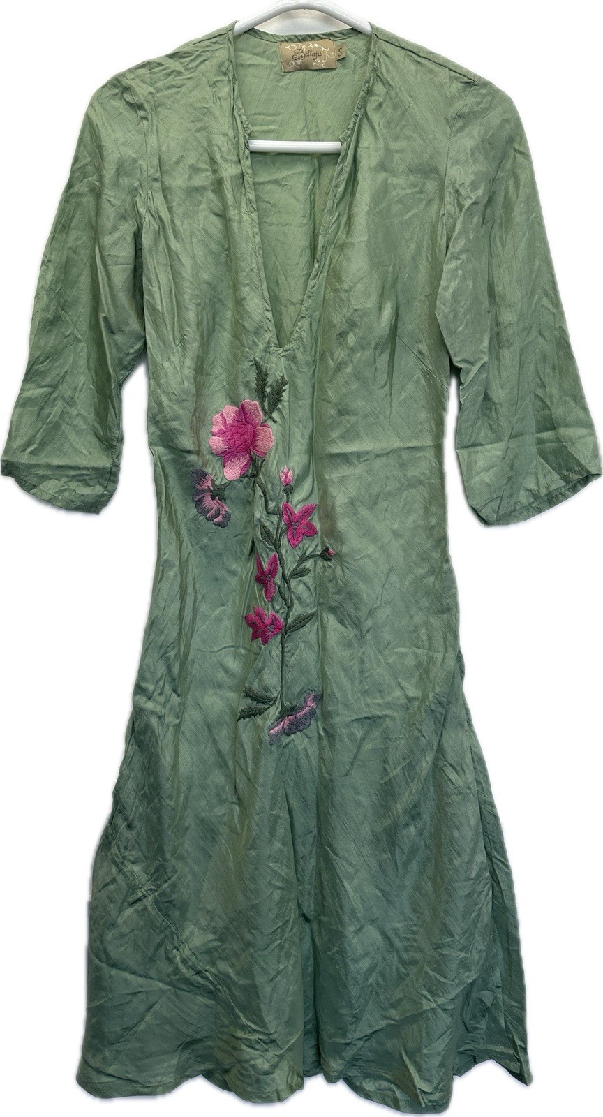 Bellaju Green 100% Silk Floral Embroidered Dress Size S