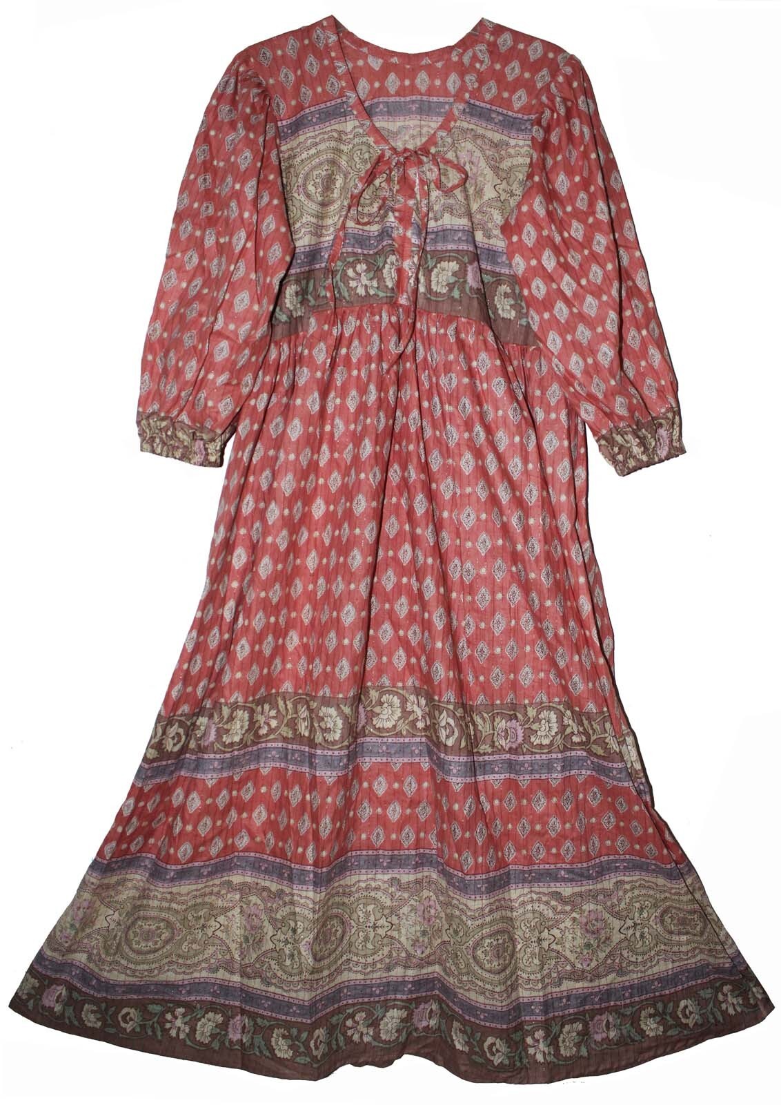 Indian One Size Cotton Lurex Floral Dress Women Hippie Retro Ethnic Gypsy Boho