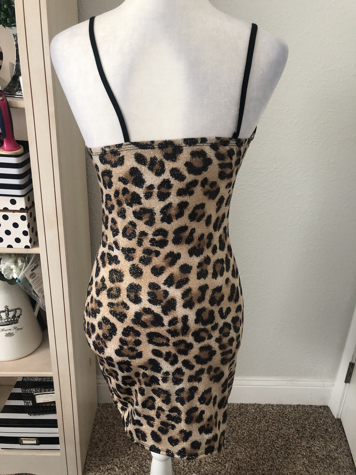 Brown Black Gold Glitter XS/S LEOPARD ANIMAL PRINT Mini SLIP DRESS Bodycon Knit
