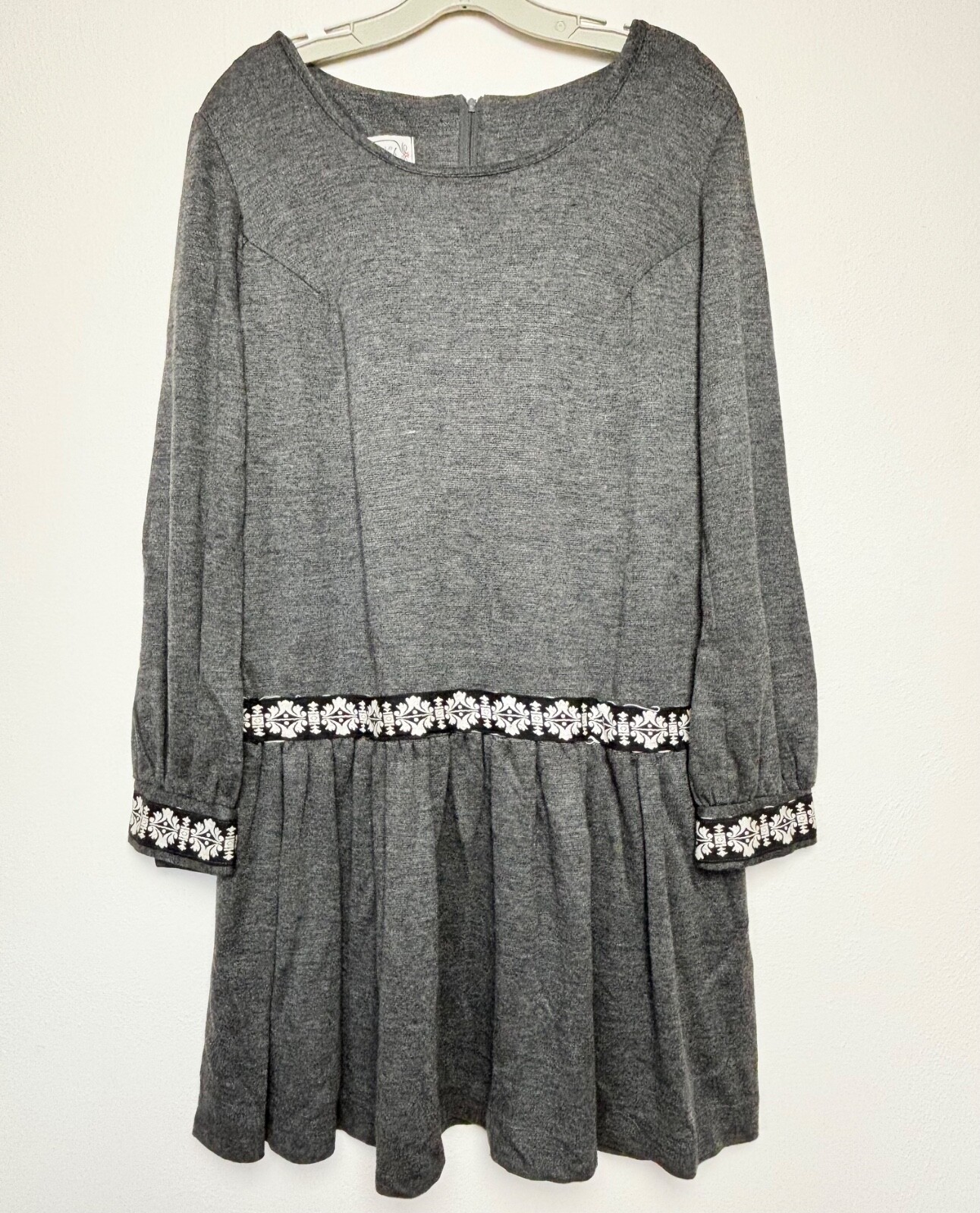 Vintage Dress Junior SZ 11 Drop Waist Cottagecore rickrack trim gray talon zip