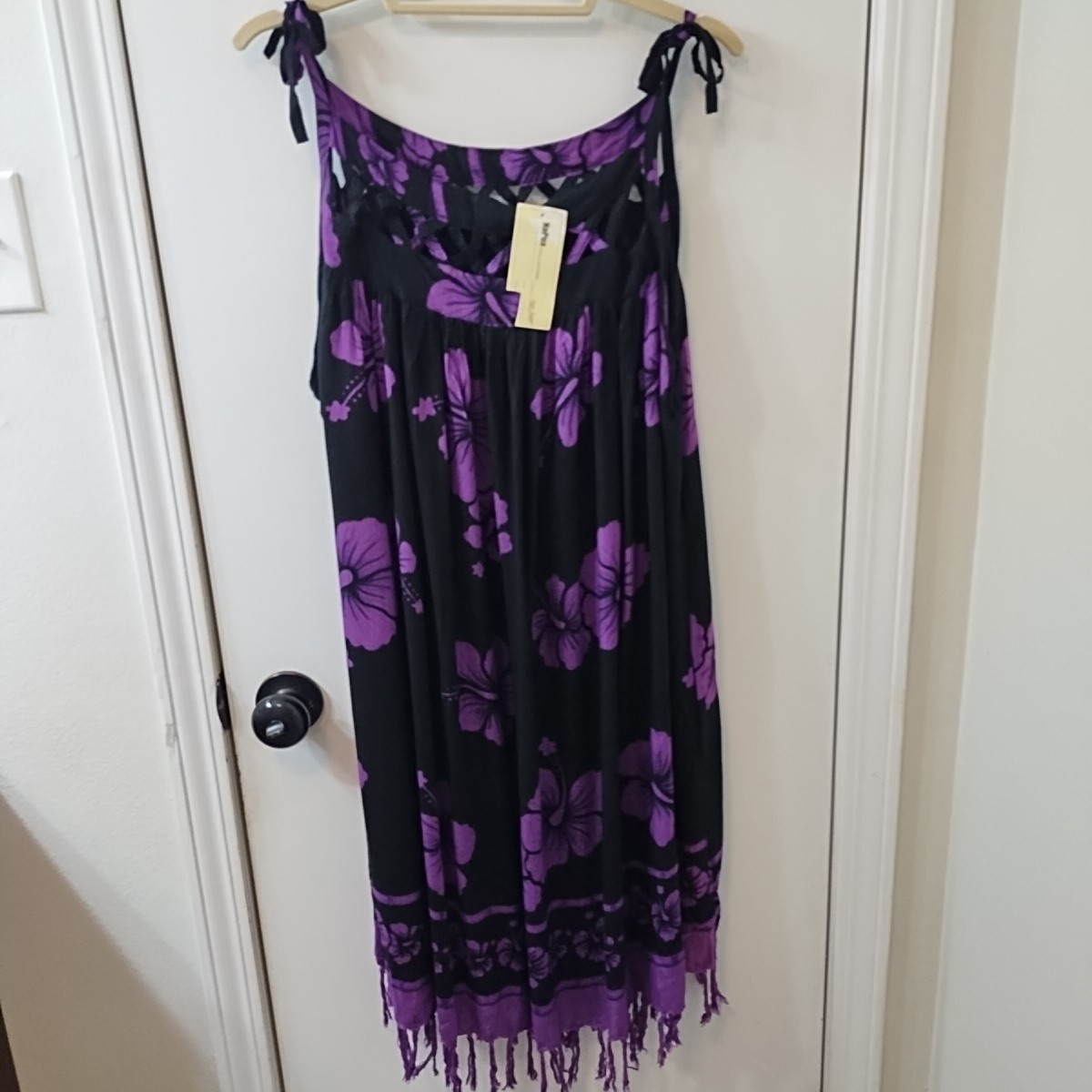 NaPua Collection Women’s Black Purple Hawaiian Hibiscus Tie Dress 1 Size