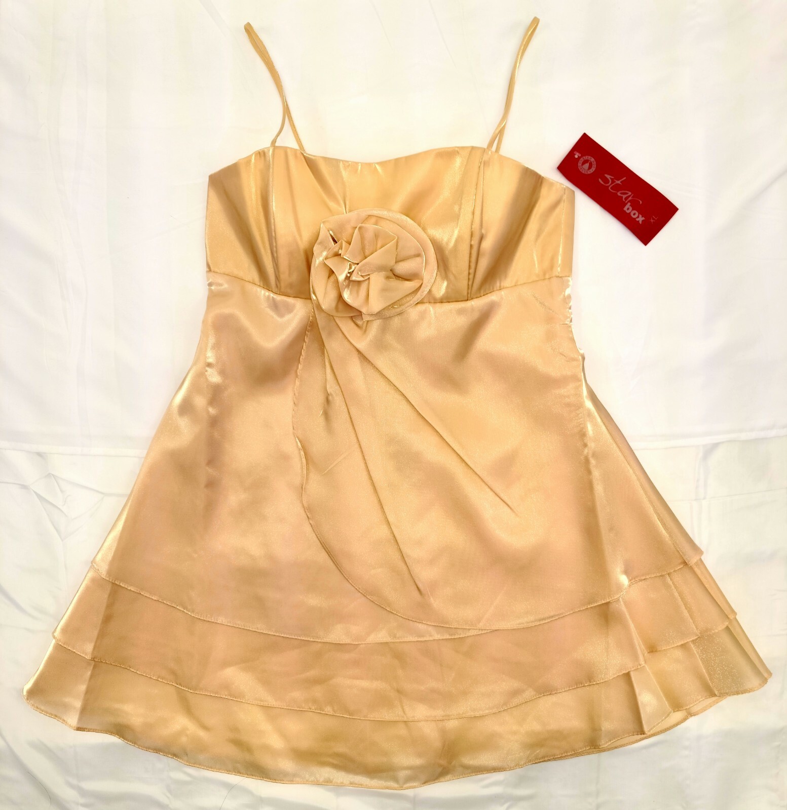 Women Gold Dress Fabric Metallic Chiffon Size XL Short Mini Cocktail Bow