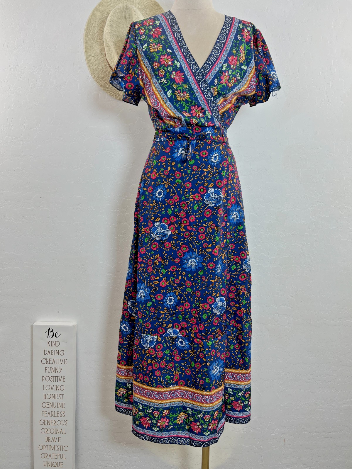 Floral peasant wrap dress women M boho gypsy maxi sun feminine prairie summer