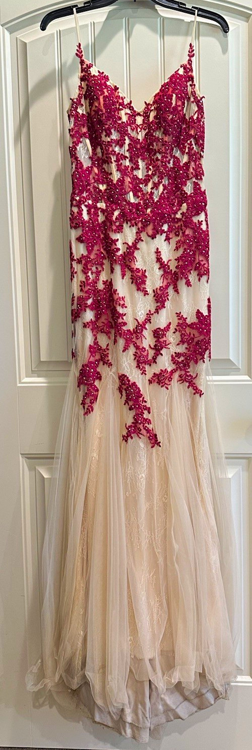 Camille La Vie Size 4 Burgundy Beaded Sequin Tulle V-Neck Sleeveless Long Gown
