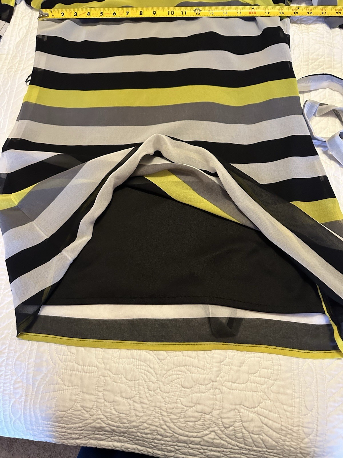 Striped Long Sleeve Belted Mini Dress In Black Gray And Neon Yellow Size L
