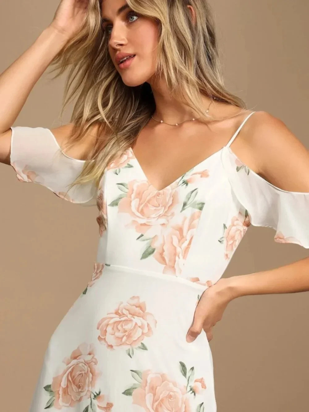 Lulus Take You There Ivory Floral Maxi Dress Cold Shoulder Ruffle Wedding Guest