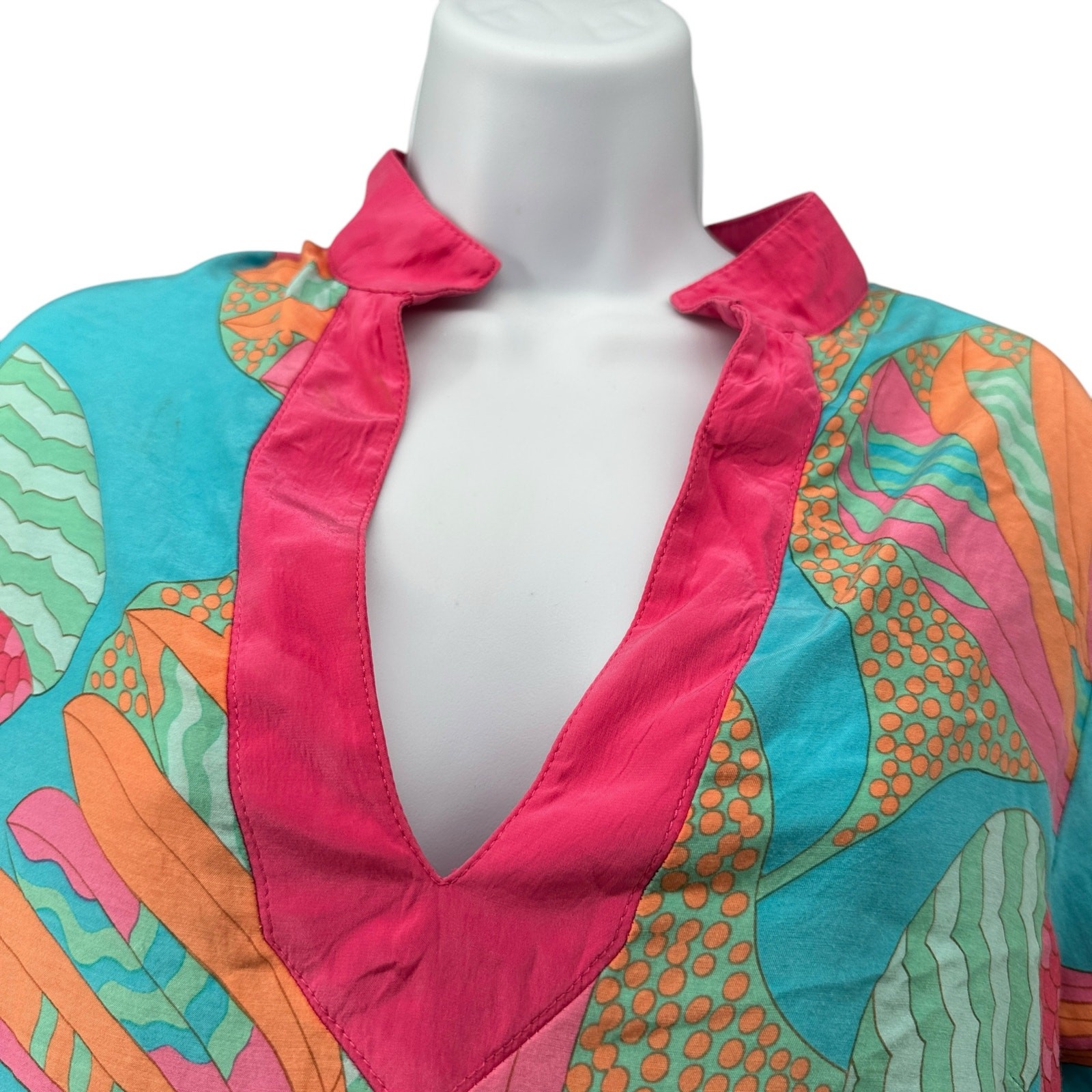 Britt Ryan Mini Dress Silk Blend Bright Pink Blue Tropical V-Neck Beach Medium