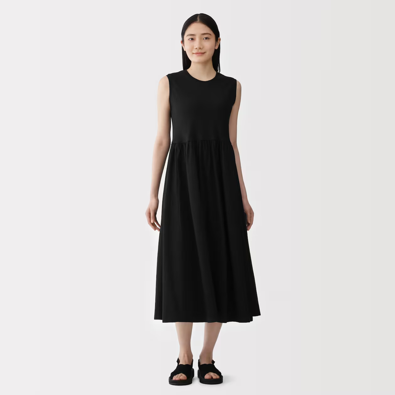 MUJI Womens 100% Cotton High-Twist Sleeveless Dress Black FedEx