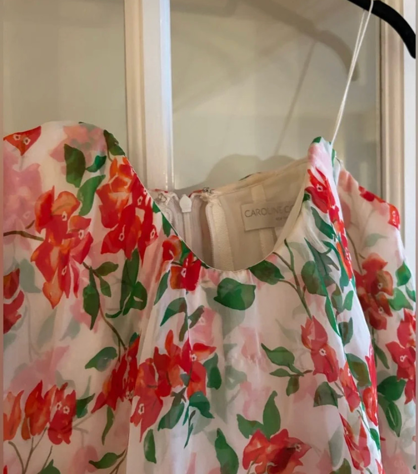 Caroline Constas Cleopatra Floral Print Strapless Ruffle Mini Dress White/Red -M
