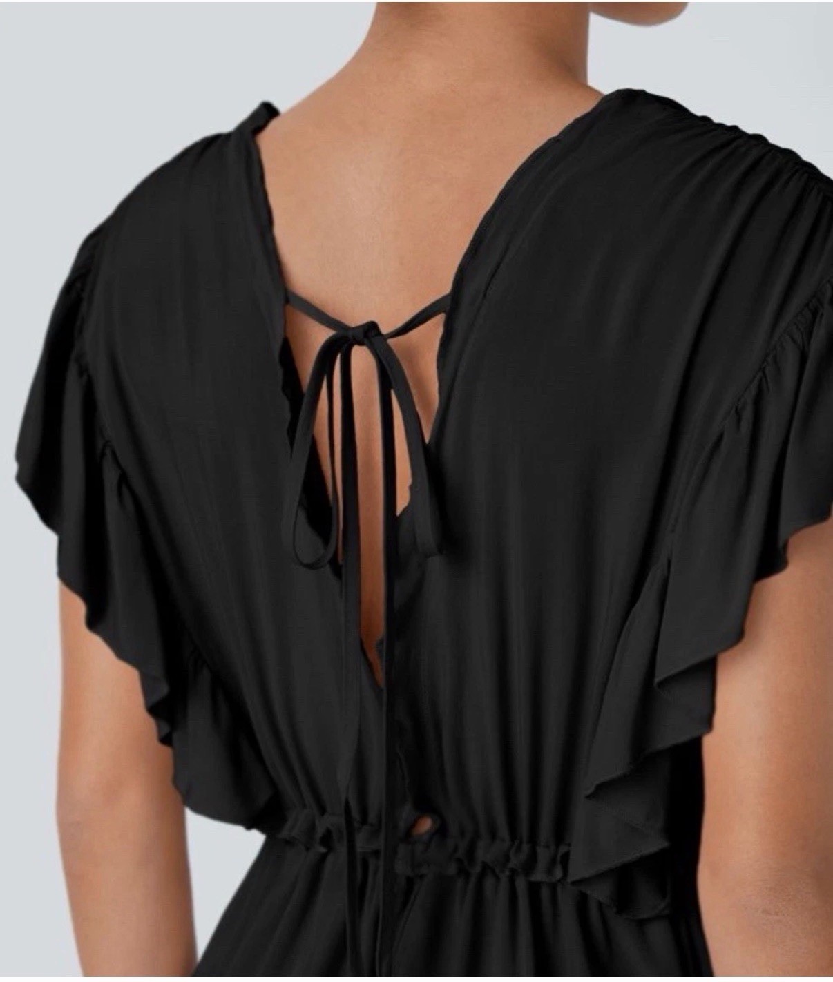 Halara Deep V Neck Butterfly Sleeve Drawstring Flowy Maxi Dress Black XL New!