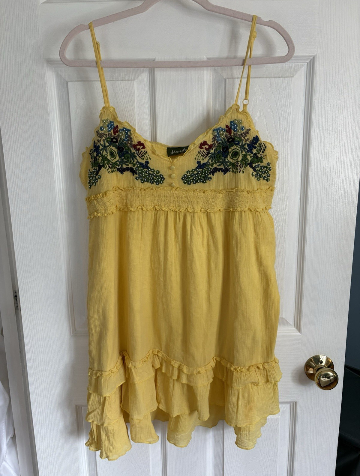 Maude Yellow Floral Gauze Sundress L V-Neck Embroidered Ruffle Short