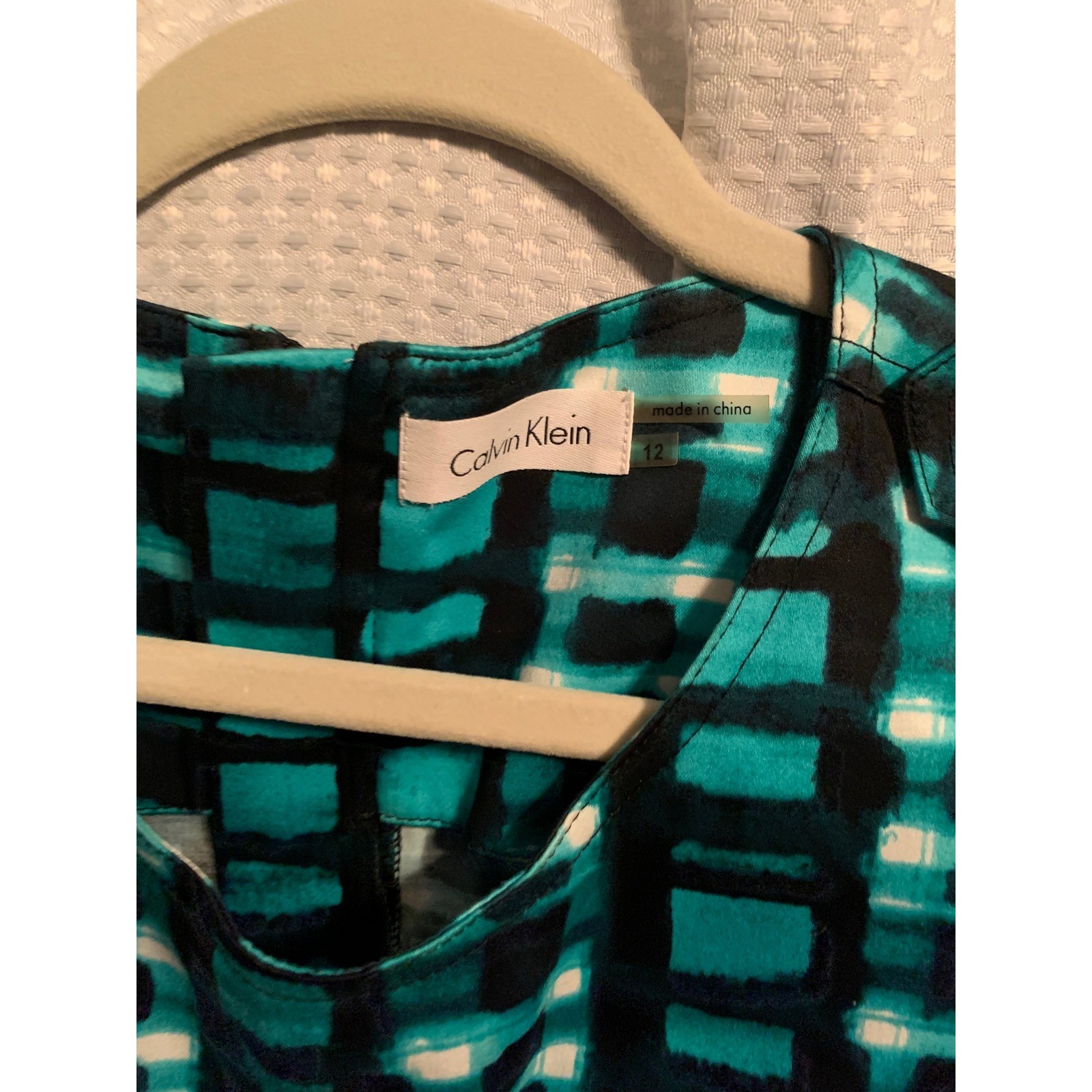 Calvin Klein Teal Black Geometric Grid Sleeveless Sheath Dress Size 12 Pocket