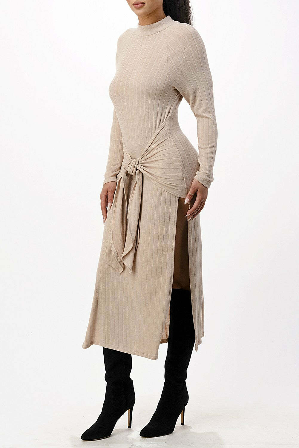 Womens Front Tie Midi Knit Long Sleeve Dress Winter Fashion 2022 Casual Wear