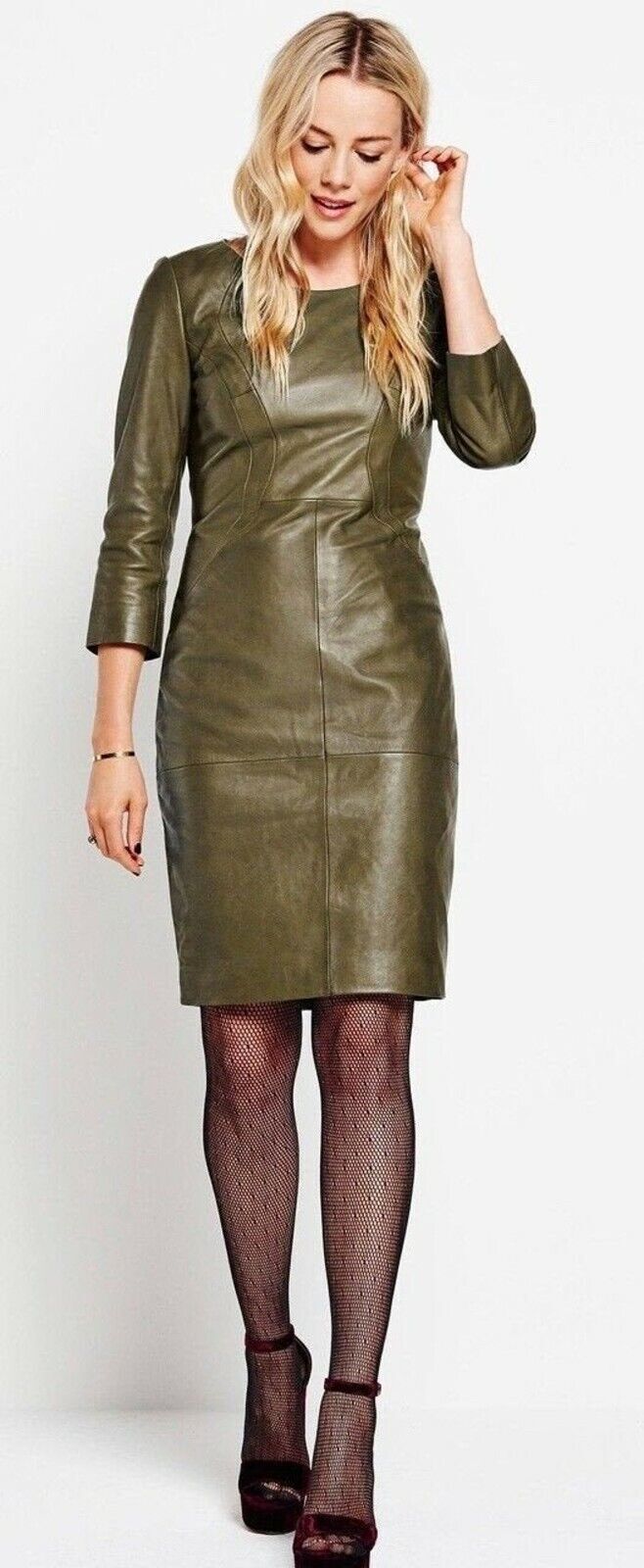 Luxury Ladies Women’s Green Lambskin Leather Dress Celebrity Dress Party Dress