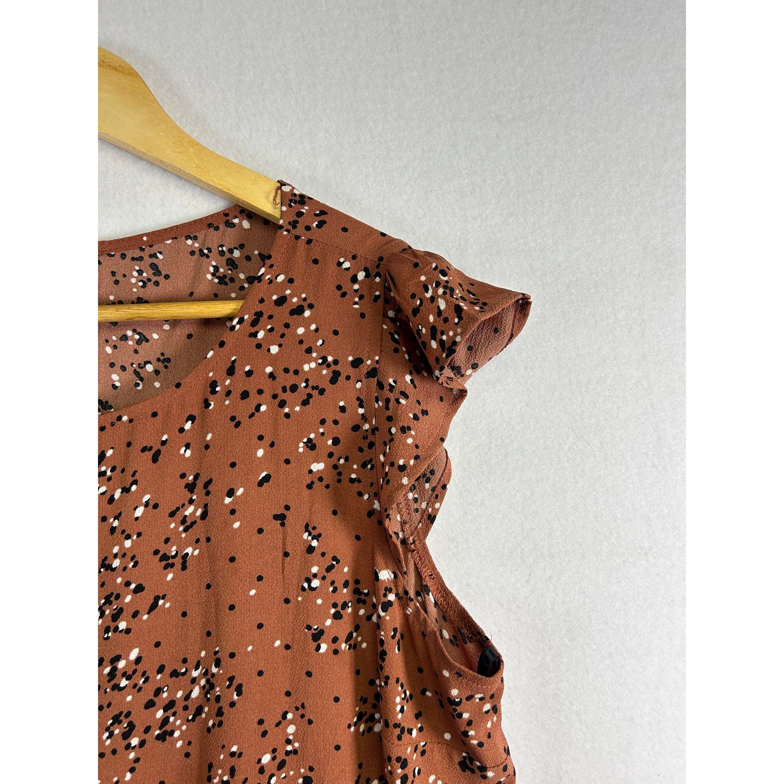 Boho Feminine Brannan Brown Dress – Rust with Black & White Dots, Size L