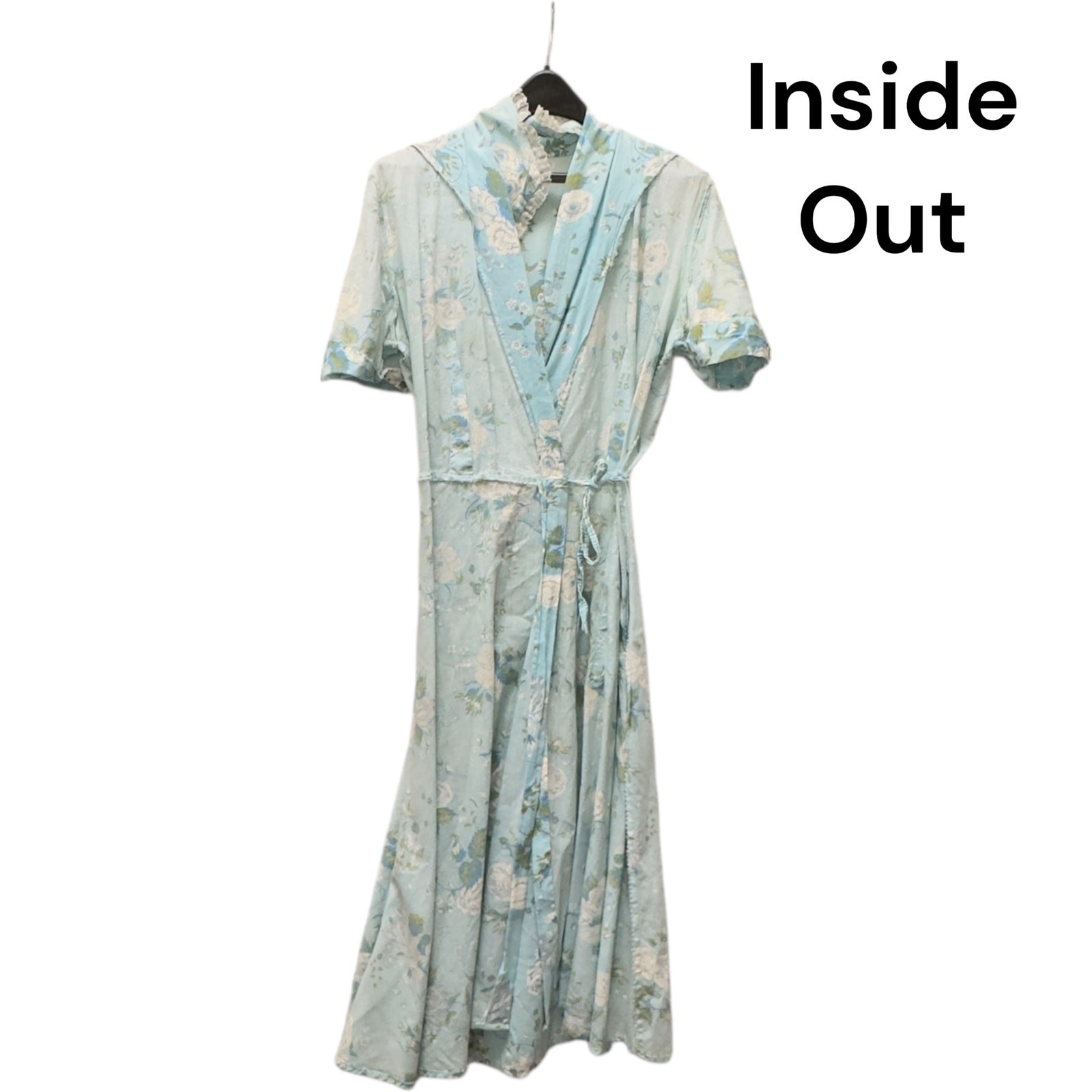 Vintage 1940s Blue Floral Seersucker Cotton House Dress Tie Waist Pockets Lace