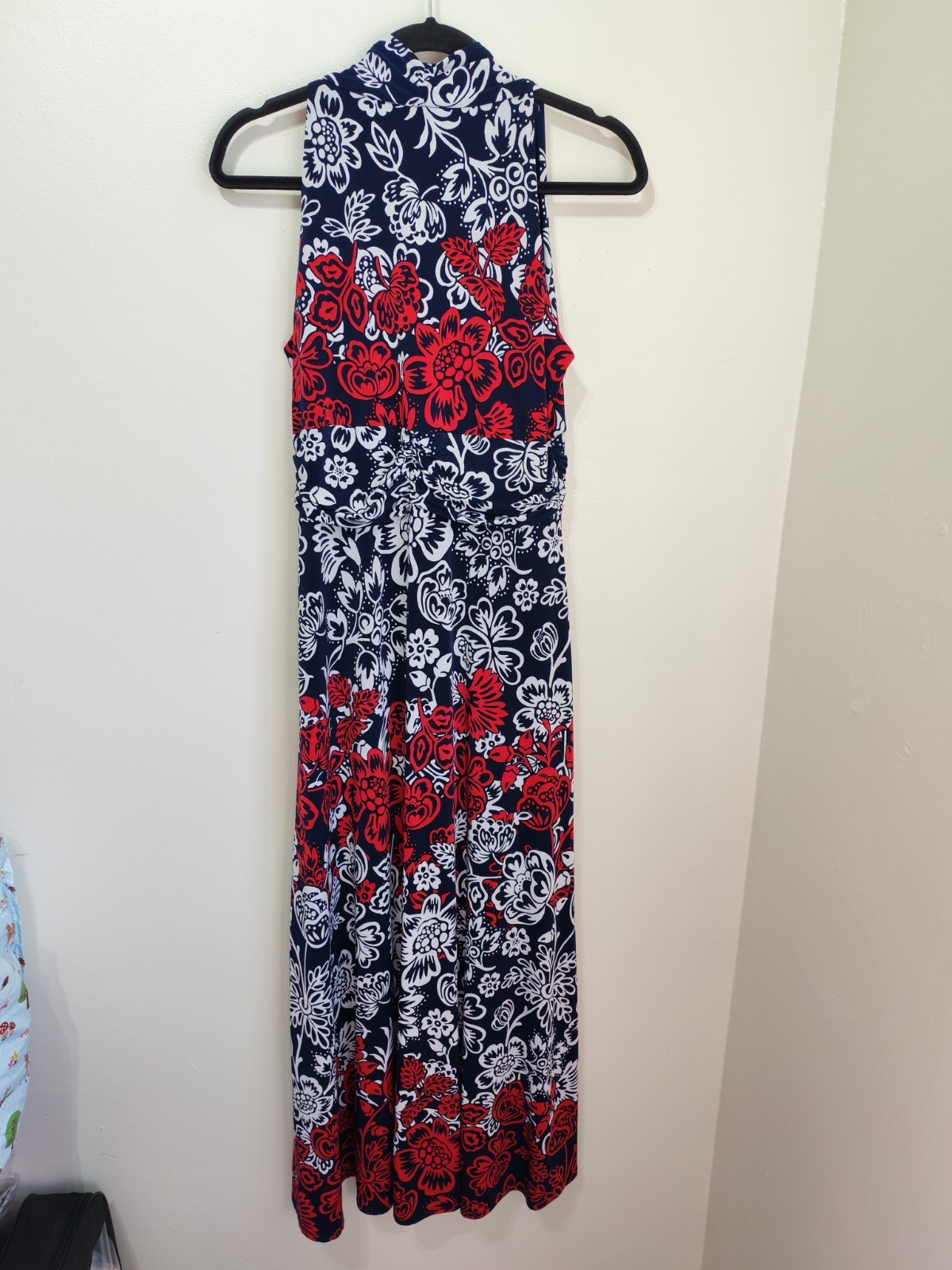 Precis navy blue red floral print slinky long maxi dress L 14 summer holiday