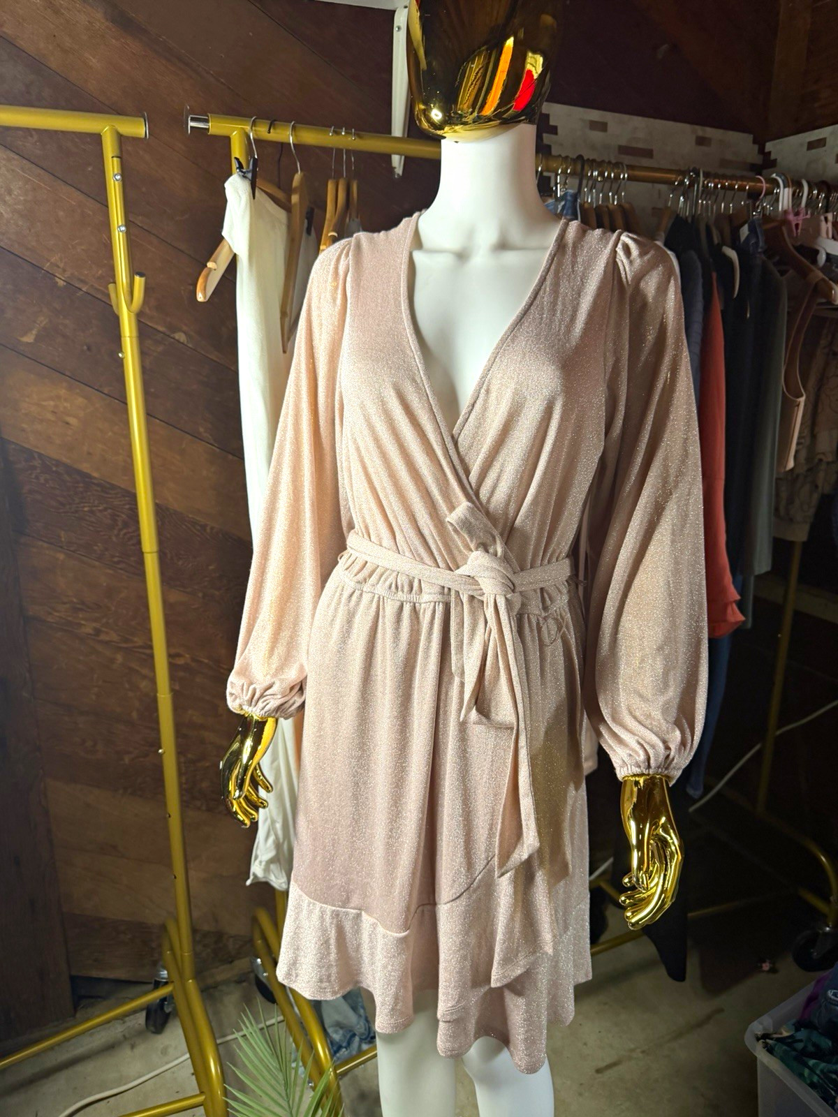 Kohl’s Pink Solid Wrap Tie V-Neck Balloon Long Sleeve Short Dress Size M