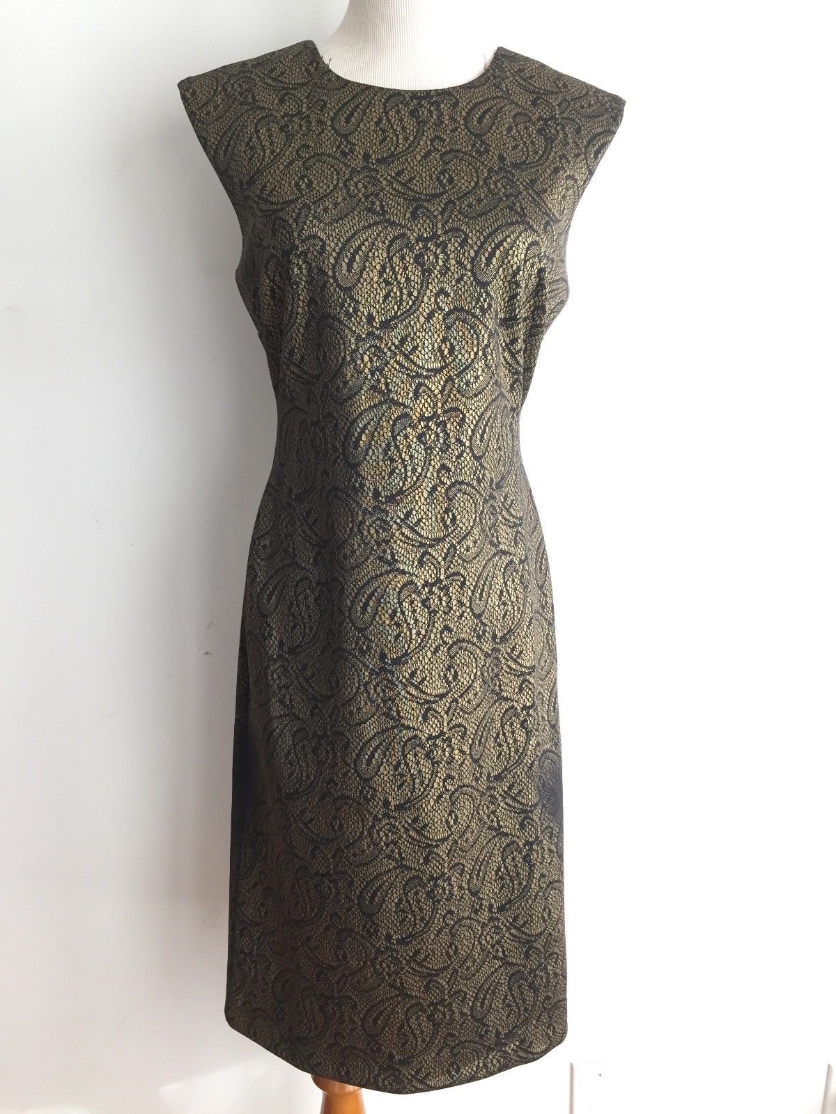 Carmen Marc Valvo ‘Capa Town’ Sheath Dress Black & Copper Paisley XS NWT $98