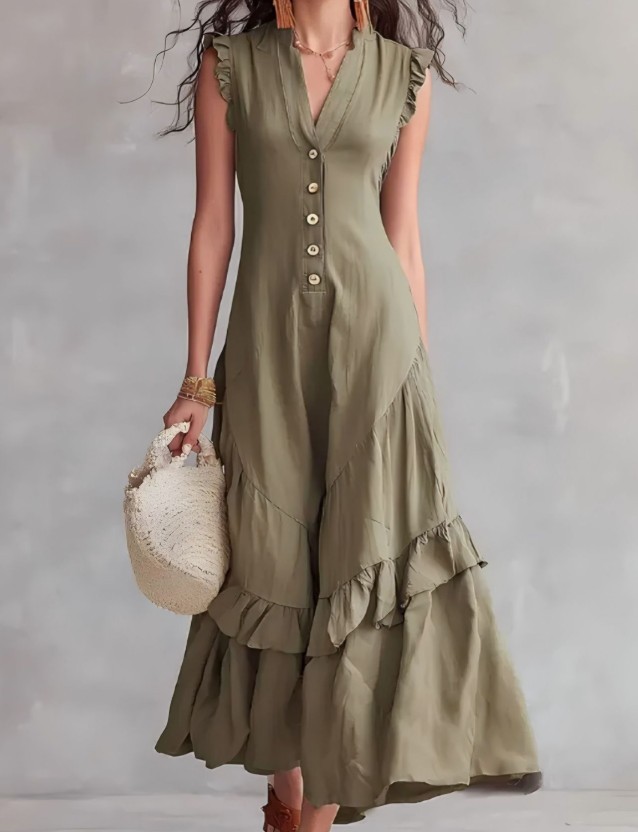 Casual Linen Cotton Maxi Dress V-Neck Button Front Ruffle Hem Sundress