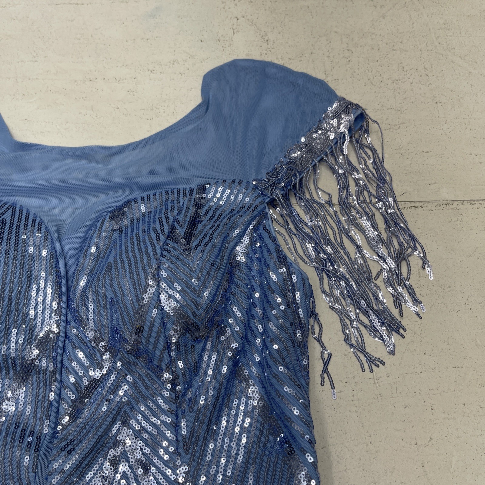 Unithorse Blue Sequin Fringe Sleeve Trim Mermaid Hem Formal Maxi Dress Women XL