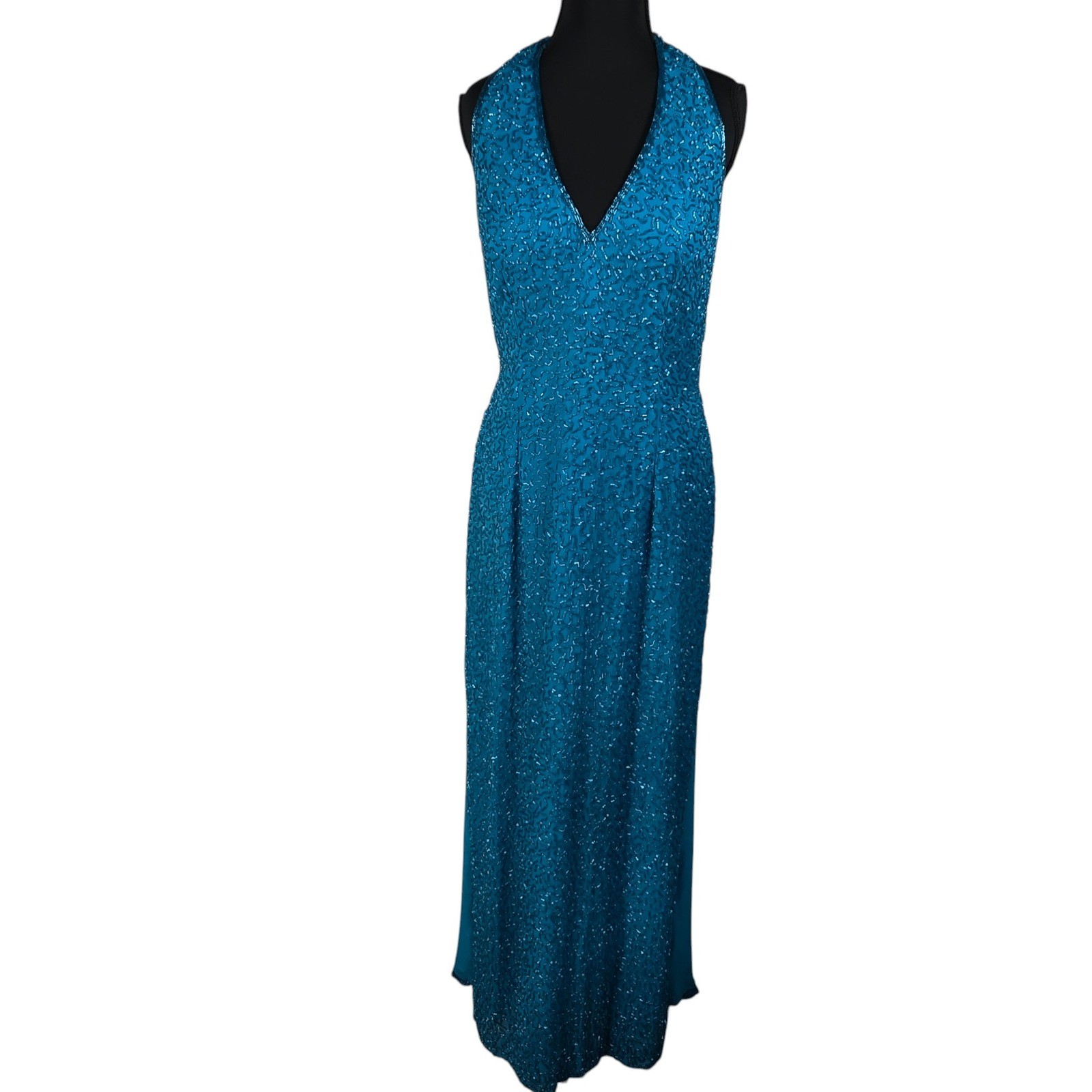 Sean X-Press Teal Blue Beaded Silk Halter V-Neck Maxi Evening Gown Dress Large