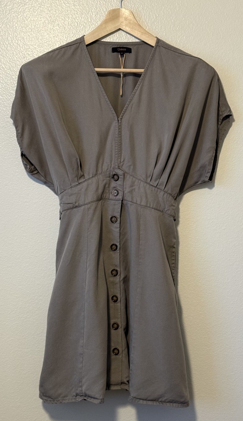 Quince 100% Tencel Button Front Dress Olive Green A-Line Tie Waist Pocket Size S