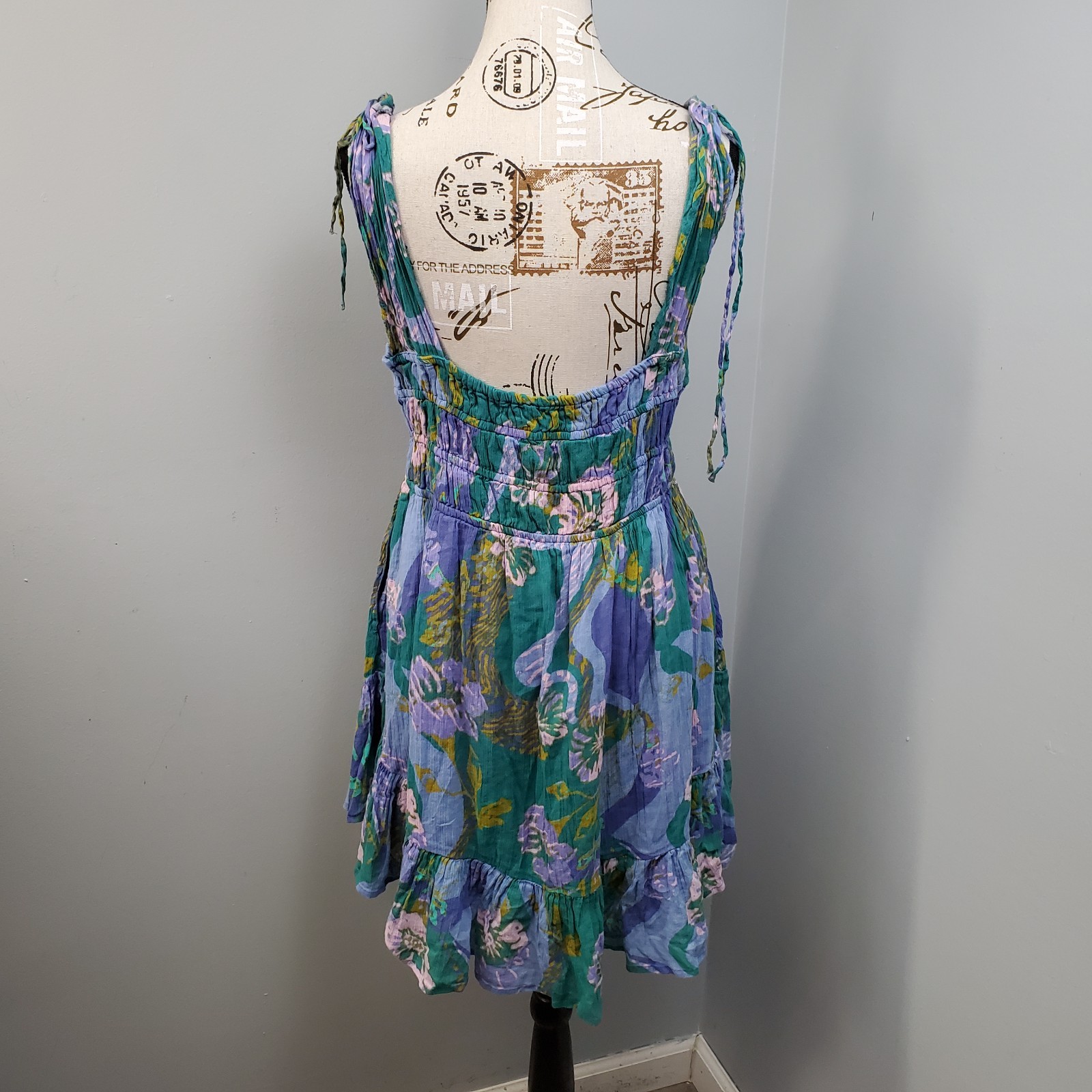 Free People Mini Dress Womens M Multi Floral Tiered Smocked Scoop Neck Backless