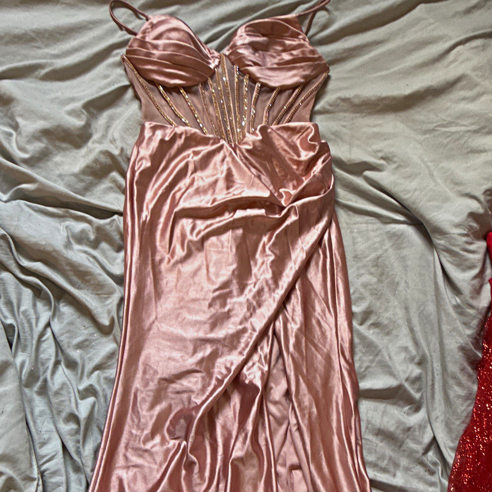 mall Pink Silk Satin Long Gown Sweetheart Lace-Up Corset Beaded Rhinestone XL