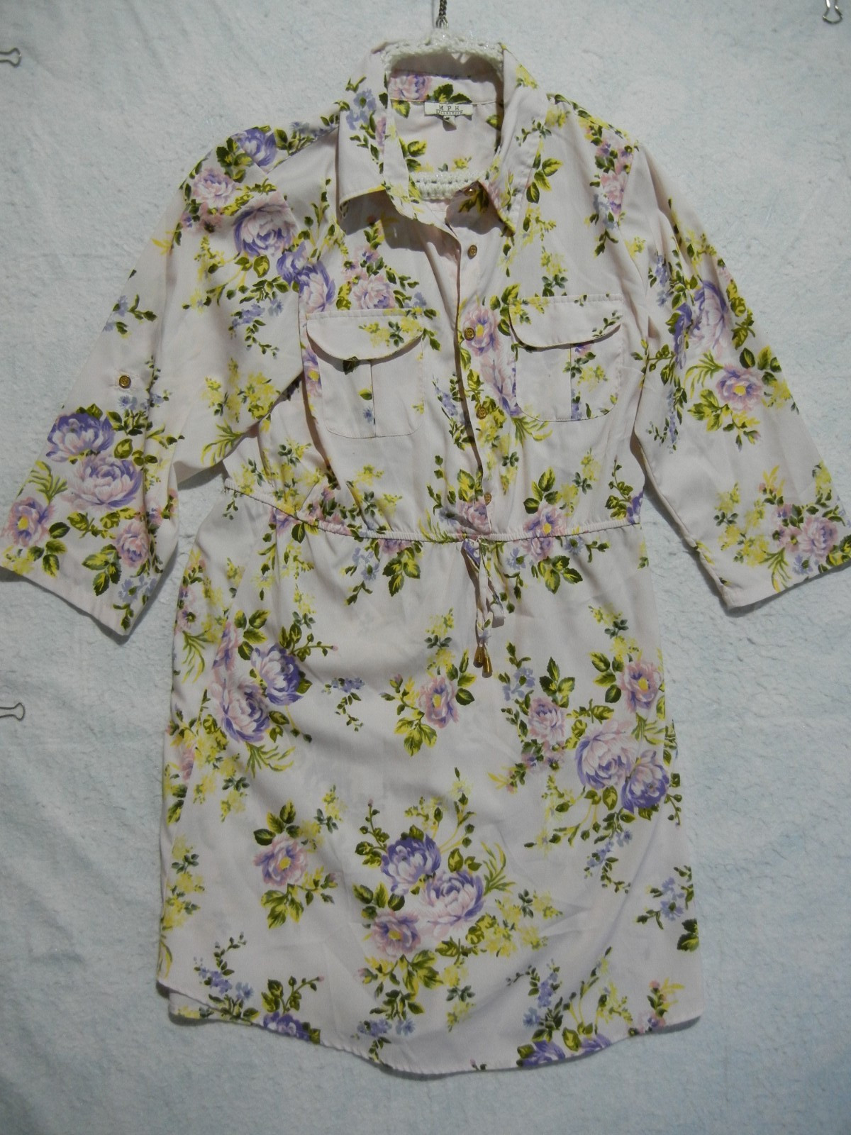 WOMEN’S MPH COLLECTION XL 3/4 SLEEVE SHIRT DRESS PINK FLORAL ON WHITE IVORY