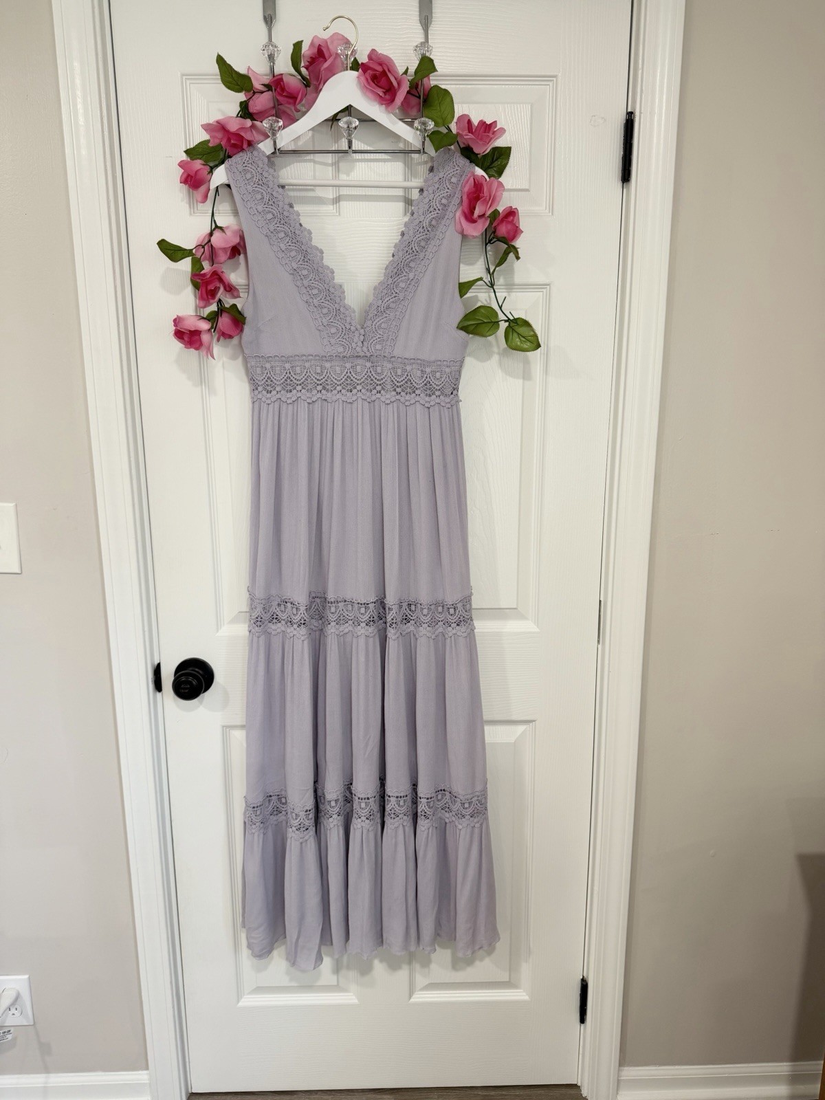 Altar’d State Lavender Cottagecore Boho Lace Tiered Maxi Medium Dress Romantic