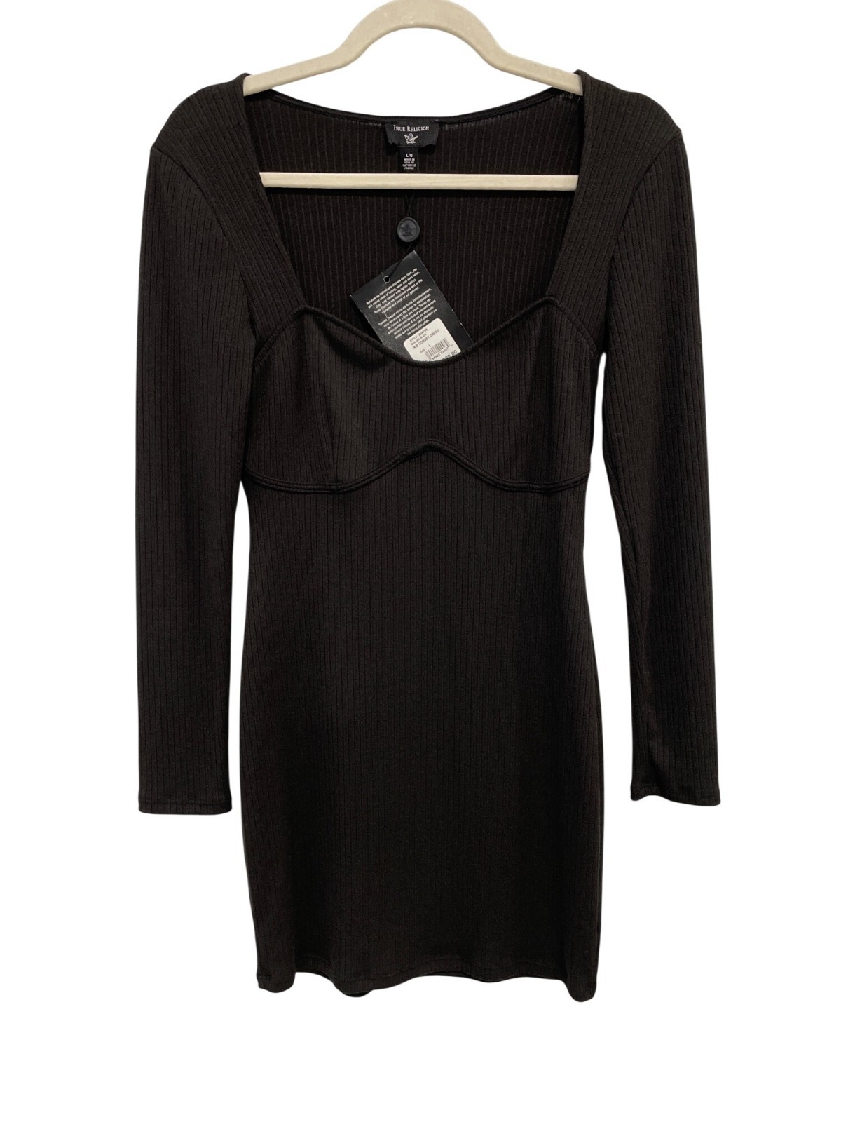 True Religion Corset Mini Dress Size Large Ribbed Long Sleeve Bodycon Black NEW