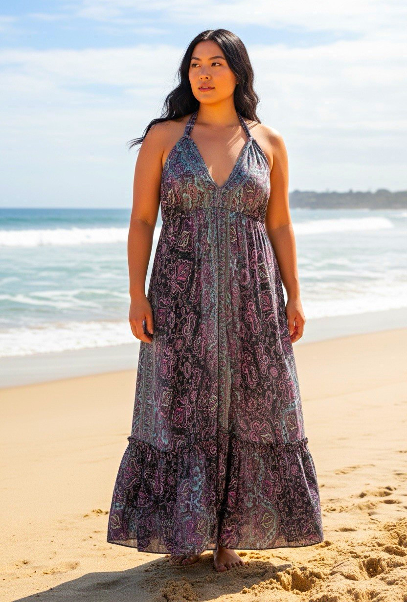 Women’s Multicolor Paisley V-Neck Halter Backless Tie Back Maxi Dress One Size