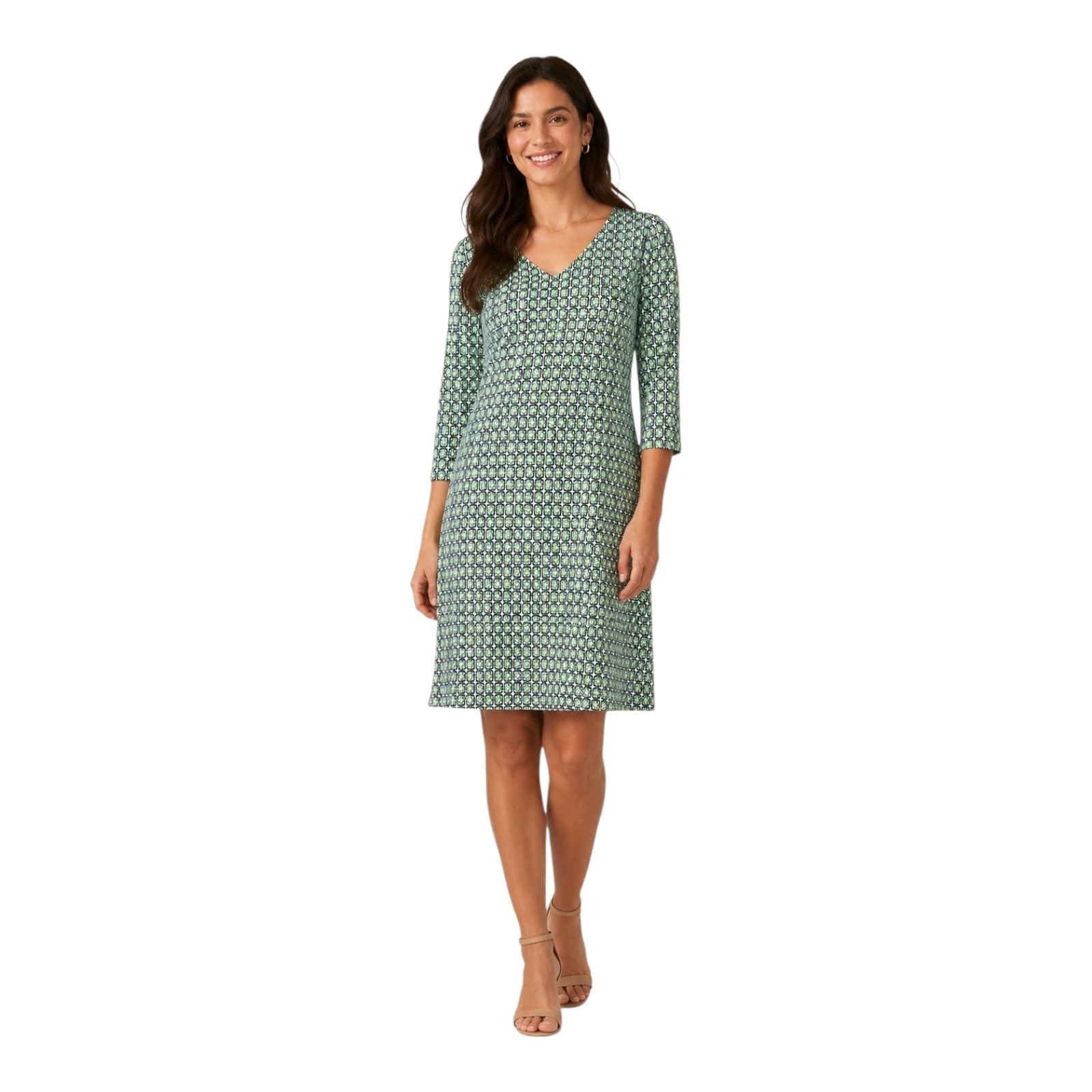 JUDE CONALLY Women’s L XL Megan Dress Geometric Navy Green White 3/4 Slv Preppy