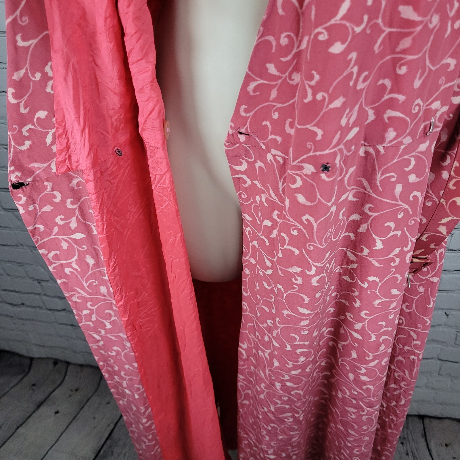 Papillon Pink 100% Silk Leaf Print Short Sleeve Belted Lined Long Wrap Dress 16