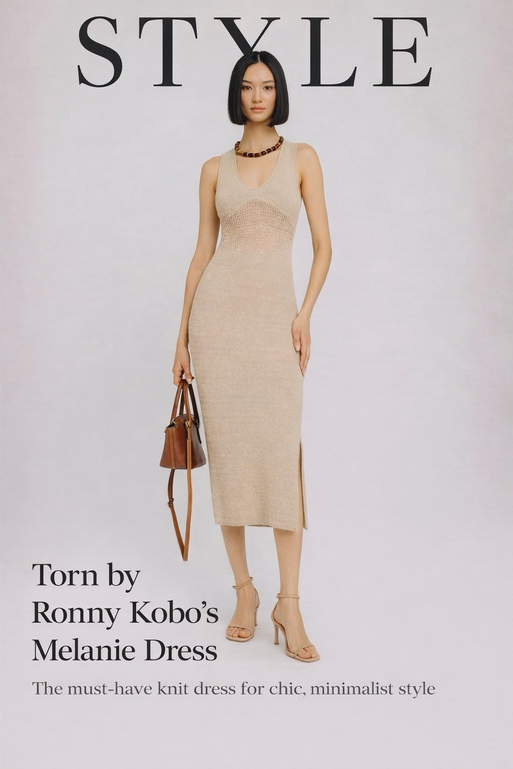 Torn by Ronny Kobo Beige Knit Midi Melanie Dress XS Crochet Side Slit