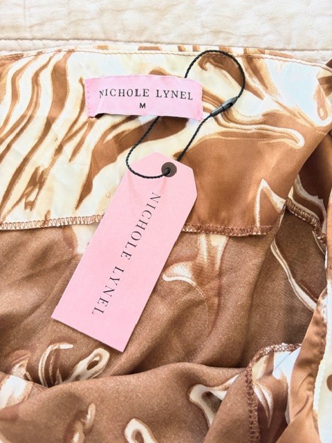 NWT NICHOLE LYNEL Brown White Side Adjustable Rouching Sleeveless Dress, Medium