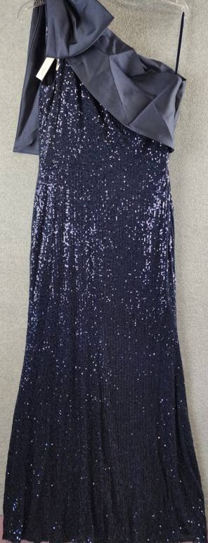 Aqua Formal Long Allover Sequined Bow Dress Women’s 12 Navy Asymmetrical Neck