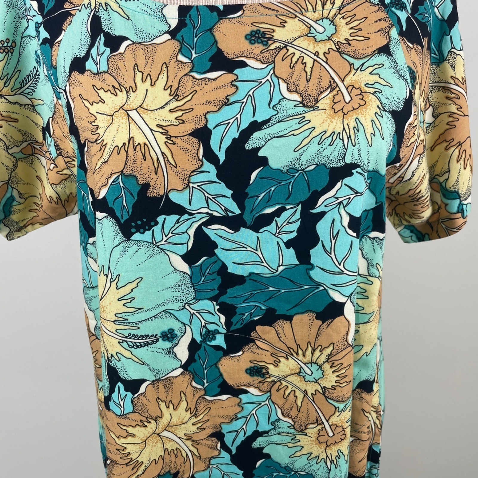 Rainbow Jo Maui Hawaii Womens Small Rayon Hibiscus Floral Maxi Dress Teal Tan