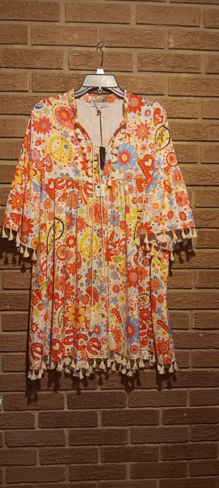 CZ Collection By Cezele Bright Dress Shift Bright Orange Pink Tassels Med NWT