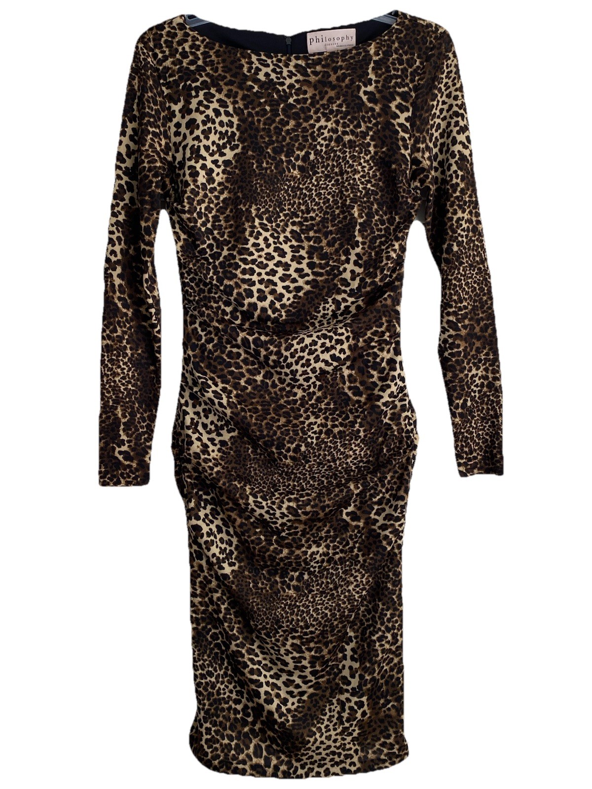 Philosophy Leopard Animal Print Dress Bodycon Long Sleeve Ruching Womens S