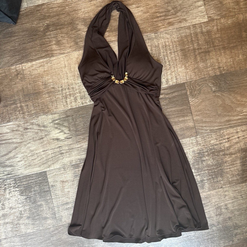 My Michelle Brown Halter Sleeveless Beaded Stretch Jersey Dress M Knee Length