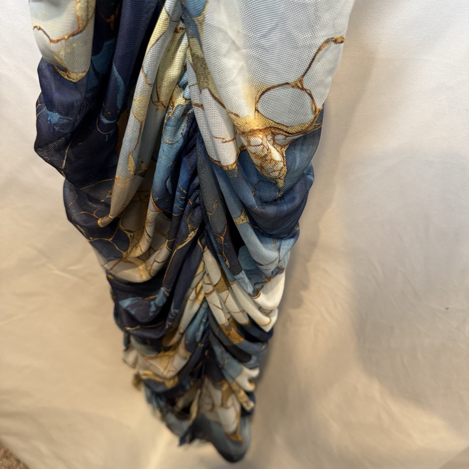 Akira Lorraine Marble Print Mesh Maxi Dress Blue Ruched Bodycon Sleeveless S M
