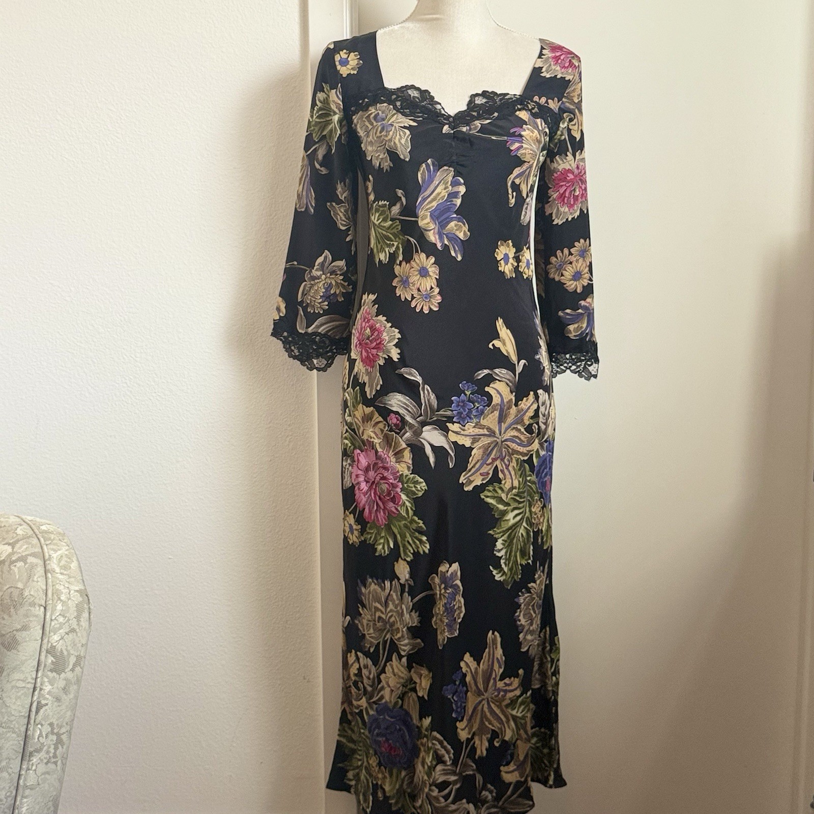 Vintage Gala Collection 100% Silk Floral Midi to Maxi Dress Size Small