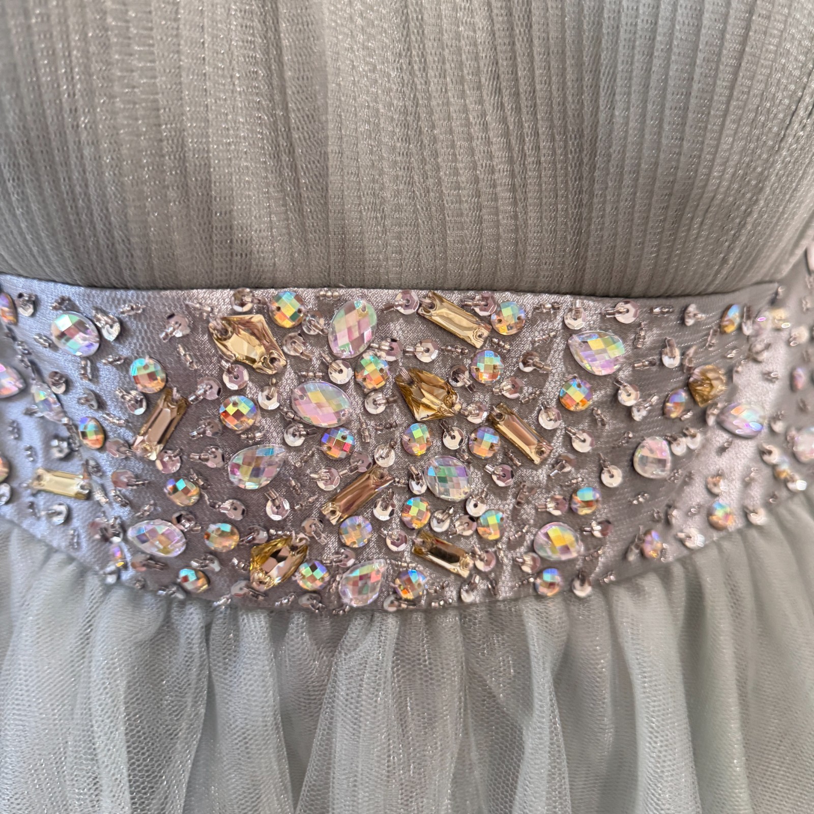 NWT GLS Limited Edition Strapless Beaded Tulle Prom Party Dress L Sage Gray