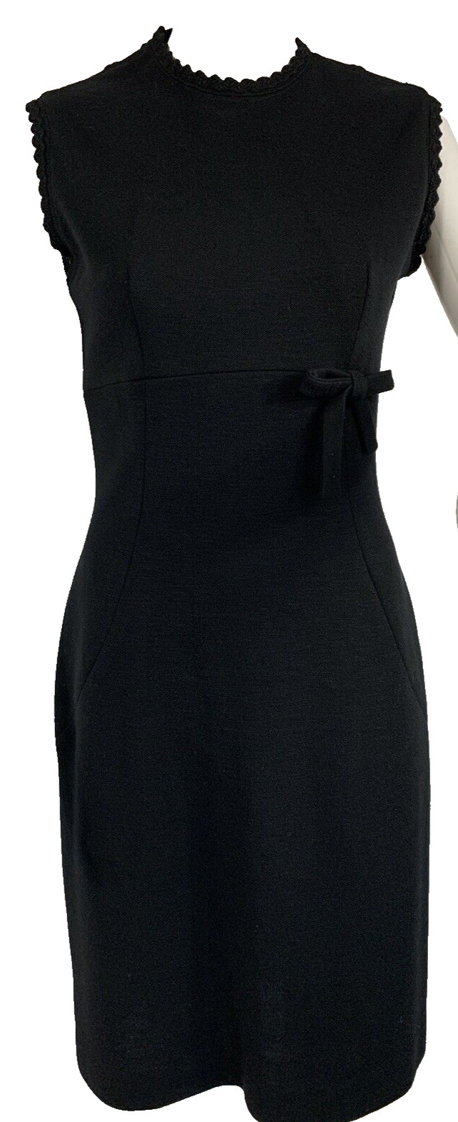 VINTAGE JONATHAN LOGAN Dress Size 4 Black Shift Midi Knit Bow at Waist Scallop