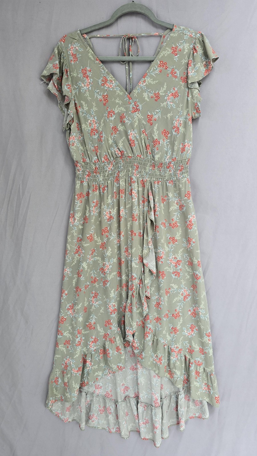 Luxology Dress Womens Petite PL Green Floral Wrap Hi Low Ruffle Sundress Cottage