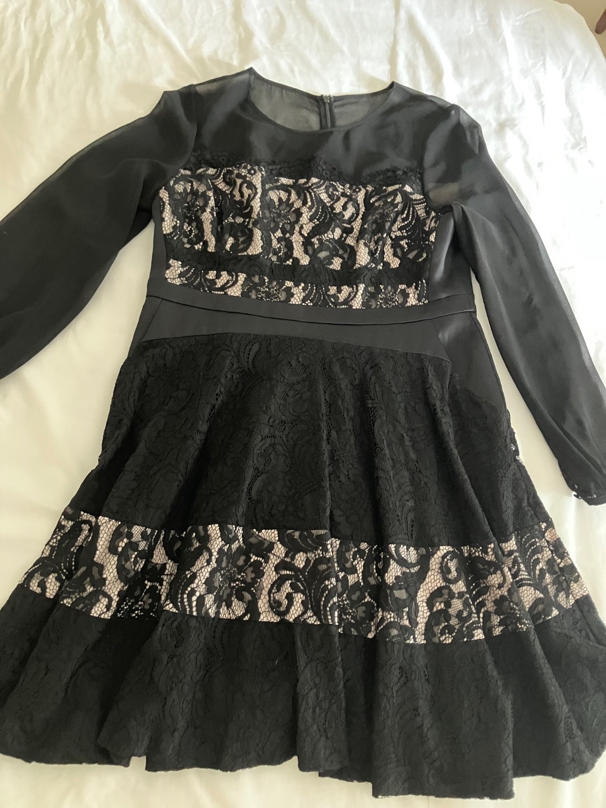 Coast Black Lace/Satin Long Sleeve Lined Round Neck Dress Size UK 16